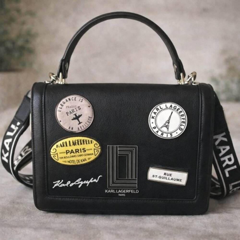 Karl Lagerfeld Simone Leather Bag Black Flap Crossbody Wide Strap Top Handbag